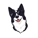 This pixel art portrait features a cool and cheerful Border Collie sporting sunglasses. The black and white dog, set against a solid black background, has a subtly tilted head and a playful smile, radiating a lighthearted vibe.