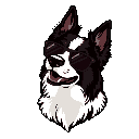 This pixel art depicts a cool and playful border collie sporting sunglasses, its head tilted with a visible tongue, creating a humorous and charming portrait.