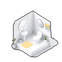 This pixel art showcases a minimalist isometric bedroom/bathroom featuring essential furnishings like a bed, toilet, and sink, accented by calming greenery and a clean, modern aesthetic. The serene scene evokes tranquility with its simple design and muted color palette.