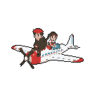 A pixel art image features two figures joyfully riding a small red-and-white propeller airplane against a stark black background, evoking a sense of vintage adventure and freedom. The characters, a man and a woman, are perched atop the fuselage, suggesting a high-flying journey.