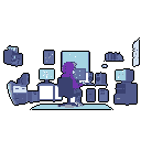 A vibrant purple figure hunches over glowing computer screens in a dimly lit, tech-filled room, suggesting intense focus or late-night work. The cluttered workspace, rendered in muted blues and greys, contrasts with the figure's bright hue, creating a captivating scene of dedication.