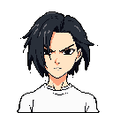 This pixel art portrait captures a serious young man with a furrowed brow and intense gaze. The simple color palette and stark black background emphasize his determined expression.