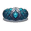A mysterious, armored creature or object dominates the frame with its symmetrical, segmented form and cool blue hues. A vibrant cyan crystal glows at its core, hinting at a dormant power.