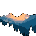 Pixel art captures a tranquil mountain range at sunrise or sunset, silhouetted by a dark forest. Warm light illuminates the peaks, creating a serene and atmospheric landscape with a beautiful interplay of cool and warm colors.