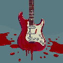 This pixel art showcases a blood-soaked red electric guitar, its vibrant color a stark contrast to the ominous scene. The image evokes a sense of violence or a destructive performance through the detailed blood splatters and unsettling atmosphere.