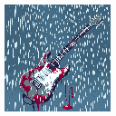 A pixel art image presents a blood-soaked electric guitar tilted dramatically, its red stain starkly contrasting against a muted, rain-streaked background. The unsettling scene evokes themes of violence or intense emotion.