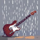 A lone reddish-brown electric guitar stands in the rain, its somber silhouette evoking a sense of solitude. The pixel art image captures a melancholic moment with a focus on the instrument amidst the downpour.