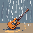 A lone, orange-brown electric guitar stands in the rain, its black cable trailing onto the wet ground. The pixel art evokes a mood of quiet contemplation, highlighting the instrument's stillness amidst the downpour.