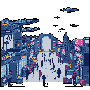 A bustling pixel art city street teems with diverse pedestrians under a dark night sky, hinting at a futuristic yet nostalgic urban landscape.