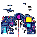 A cloaked figure with a pink head stands before a glowing purple portal, hinting at a journey or confrontation in a vibrant, futuristic cityscape.