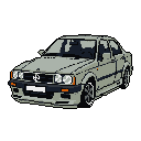 This pixel art piece showcases a classic 1980s/90s European sedan, reminiscent of a BMW E30, rendered in a nostalgic, monochromatic style with vibrant orange accents. The detailed design and subtle shading give the vintage car a quiet dignity.