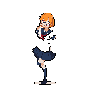This pixel art features a vibrant, orange-haired girl in a dark blue Japanese school uniform, captured mid-motion with a playful expression. The dynamic pose and bright colors make her pop against the stark background.