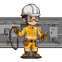 A pixel art industrial worker in a bright orange jumpsuit meticulously handles a cable with pliers in a gritty, gray factory setting.