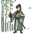 A teal-robed warrior, rendered in pixel art, pauses with pouch in hand and sheathed sword at his side, his focused expression hinting at a serene yet adventurous journey.