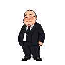 This pixel art portrait features a smiling, slightly overweight, balding man in a suit. His closed eyes and subtle lean suggest a pleasant, perhaps mischievous, demeanor.
