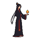 A mysterious figure in dark robes holds a flickering flame in their outstretched hand, suggesting a connection to magic or the supernatural. The pixel art's muted palette emphasizes the bright orb against the darkness, creating an aura of power and intrigue.
