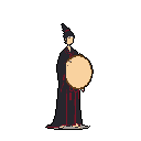 A pixel art figure stands in profile, calmly supporting a disproportionately large beige sphere over their abdomen. The image evokes a surreal and enigmatic feeling with its minimalist style.