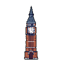 This pixel art image showcases a detailed, simplified Big Ben clock tower, rendered in muted tones against a stark black backdrop. The iconic architecture is faithfully recreated, from its intricate clock face showing 12:07 to its towering spire. It evokes a sense of nostalgic grandeur.