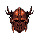 This pixel art showcases a weathered, fantasy helmet with antler-like horns, evoking a sense of ancient power and mystery. The detailed metalwork and rustic color palette give it a formidable and historical feel.