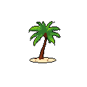 A lone, pixelated palm tree with vibrant green fronds stands rooted in sand against a stark black background. The simple, isolated image evokes a sense of tranquility.