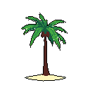 A solitary pixelated palm tree, rendered in vibrant greens and browns, stands on a patch of sand against a stark black background. The image evokes a sense of simple, tropical tranquility with a retro aesthetic.