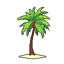 This pixel art image showcases a solitary palm tree, its vibrant green fronds and reddish-brown trunk standing out against a stark black backdrop. The simple yet iconic design evokes a sense of tropical paradise and relaxation.