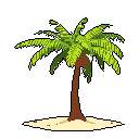 A lone pixel art palm tree, rendered in vibrant greens and browns, stands proudly on a patch of sand against a stark black background. The windswept fronds and textured trunk evoke a sense of isolated tropical tranquility.
