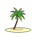 A solitary, pixelated palm tree leans against a stark black backdrop, its green fronds and brown trunk rendered in simple, vibrant detail. The image evokes a sense of tropical isolation with its minimalist desert island aesthetic.