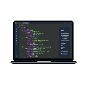 A pixel art laptop screen glows with vibrant code, its interface rendered in retro-tech detail. The image evokes a focused, digital workspace with its syntax-highlighted programming environment.