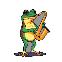 A pixelated, green frog confidently plays a yellow saxophone, filling the frame with a whimsical and retro vibe. The musical amphibian stands on a patch of dark gray ground.