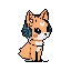 A cute, pixelated fox-like creature with blue-grey headphones sits attentively, its orange-brown and white fur contrasting against a stark black background. The small canine's large eyes and inquisitive expression create a charming, approachable vibe.