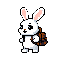 A cute, pixelated white rabbit with a brown, orange, and black backpack stands ready for adventure. Its large, black eyes and forward lean suggest a journey is about to begin.