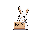 A fluffy, white pixel-art rabbit with an endearing expression holds a wooden sign that reads "Hello," offering a cute and welcoming greeting. The rabbit's simple design and innocent gaze create a charming focal point.