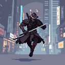 A pixel art samurai warrior charges forward with katana in hand, his determined stance set against a blurred, modern Japanese cityscape. The muted color palette and intricate armor details create an intense, action-packed scene.