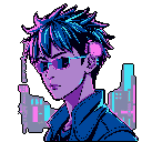 A contemplative figure with spiky hair and reflective sunglasses is rendered in vibrant, neon-lit pixel art. This character, set against a stylized urban backdrop, exudes a modern, slightly enigmatic cyberpunk vibe.