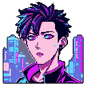 This pixel art portrait showcases a cool and confident anime-styled male with striking blue and purple hair. Set against a stylized cityscape, his piercing blue eyes and futuristic attire hint at a character from a science fiction or urban fantasy world.