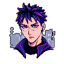 This pixel art portrait features a young, cyberpunk-styled individual with striking violet eyes and spiky blue and magenta hair. The character's intense gaze and futuristic jacket create a cool and slightly mysterious vibe, set against a silhouetted cityscape.