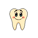 This pixel art features a cute, anthropomorphic tooth with expressive blue eyes, rosy cheeks, and a wide smile. The friendly character exudes a cheerful vibe, perfect for dental health education.