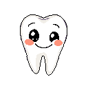 This pixel art features a cute, anthropomorphic tooth with a cheerful expression. The smiling tooth, complete with rosy cheeks and wide eyes, stands against a stark black background, radiating innocence and happiness.