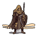 A stoic, armored knight with a skull-like face stands ready, shield raised and spear in hand. His weathered armor and the somber color palette create a sense of resilience amidst a gritty, desolate landscape.