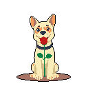 A cheerful pixel art dog sits with a bright smile, presenting a single red rose held delicately in its mouth. The adorable canine radiates sweetness and affection in this simple yet charming portrait.