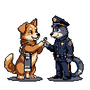 A cheerful pixel art image shows a dog in a harness and a police cat sharing a friendly fist bump, symbolizing their teamwork and camaraderie.