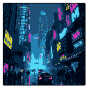This pixel art captures a bustling cyberpunk cityscape at night, with towering neon-lit buildings and silhouetted figures traversing the streets. The cool blue and vibrant neon palette creates a futuristic and slightly mysterious atmosphere.