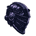This pixel art showcases a sleek, futuristic helmet with intricate details and metallic sheen, presented against a stark black background. The monochromatic palette and segmented design evoke a sense of advanced technology and mystery.