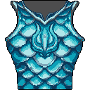 This pixel art showcases a striking blue scale mail tunic, its design highlighted by an intricate emblem on the chest. The armor's cool tones and flame-like details evoke a sense of elemental power and fantasy.