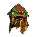 A pixel art image showcases an ornate, bronze helmet adorned with green leaves and vines. The aged metallic relic, set against a black background, evokes a sense of forgotten grandeur and a connection to nature.