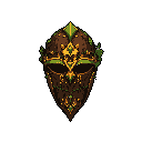 This pixel art image showcases an ornate, wood-like mask with intricate green and gold details, evoking a sense of ancient mystery and hidden power. The symmetrical design and dark eyeholes create an intriguing and fantastical vibe.