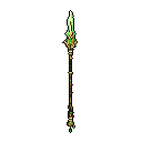 A regal, golden and green pixel art spear or staff is showcased against a black backdrop, its intricate details and luminous accents hinting at magical power. The artifact's ornate design, complete with decorative bands and glowing jewels, makes it a visually striking display piece.