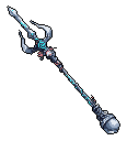 This pixel art showcases a detailed, upright trident, a three-pronged spear, rendered in cool blues and grays with vibrant teal accents. The weapon's intricate design and glowing elements evoke a sense of fantastical power and advanced craftsmanship.