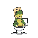A hooded, green dinosaur sits contentedly on a toilet in this quirky pixel art. The humorous scene focuses on the dino's relaxed posture against a stark, black background.